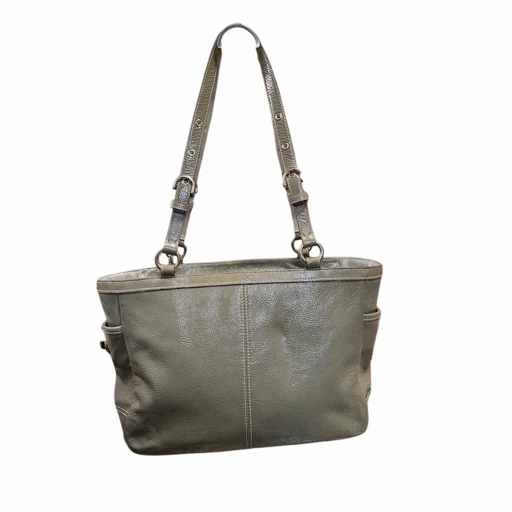 Coach Gallery Tote Patent Leather Metallic Gray Silver Top Zip Shoulder Bag